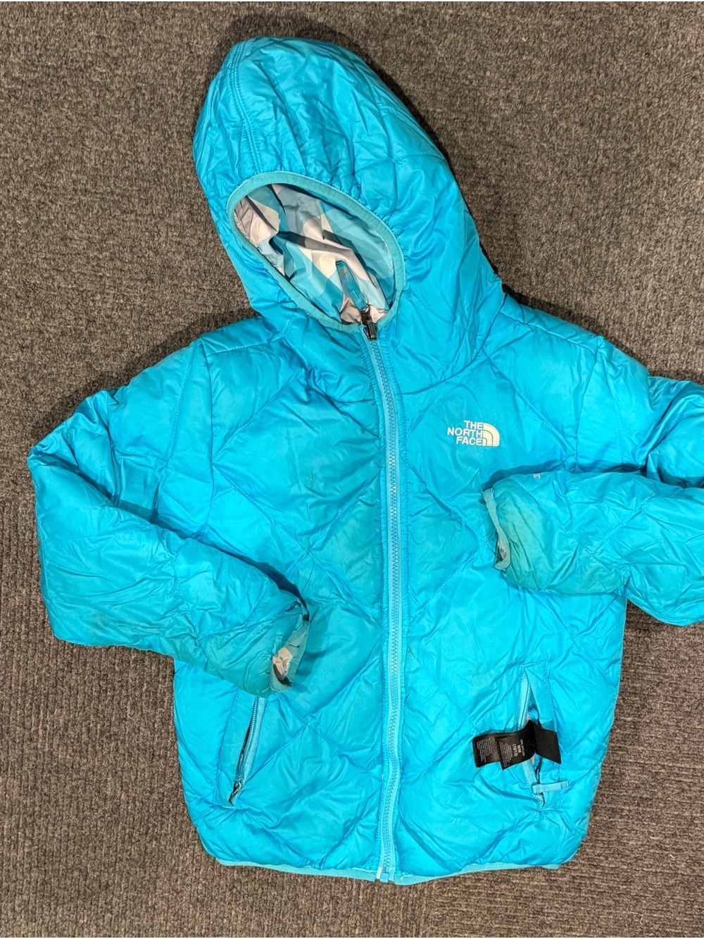 The North Face Bright Turquoise Hooded Puffer Jacket size 10/12